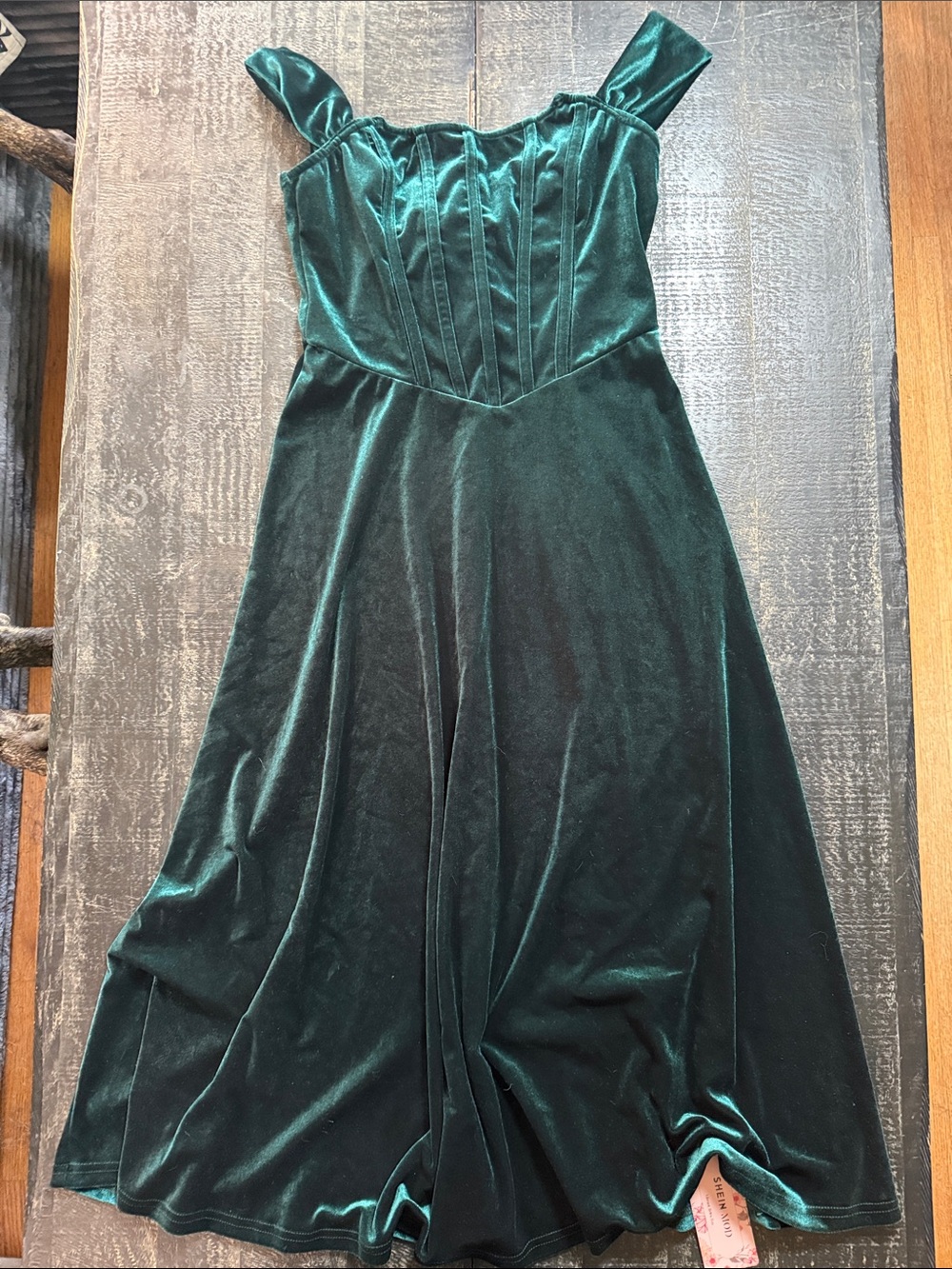 SHEIN Dark Emerald Velvet Midi Dress with Pinned Straps